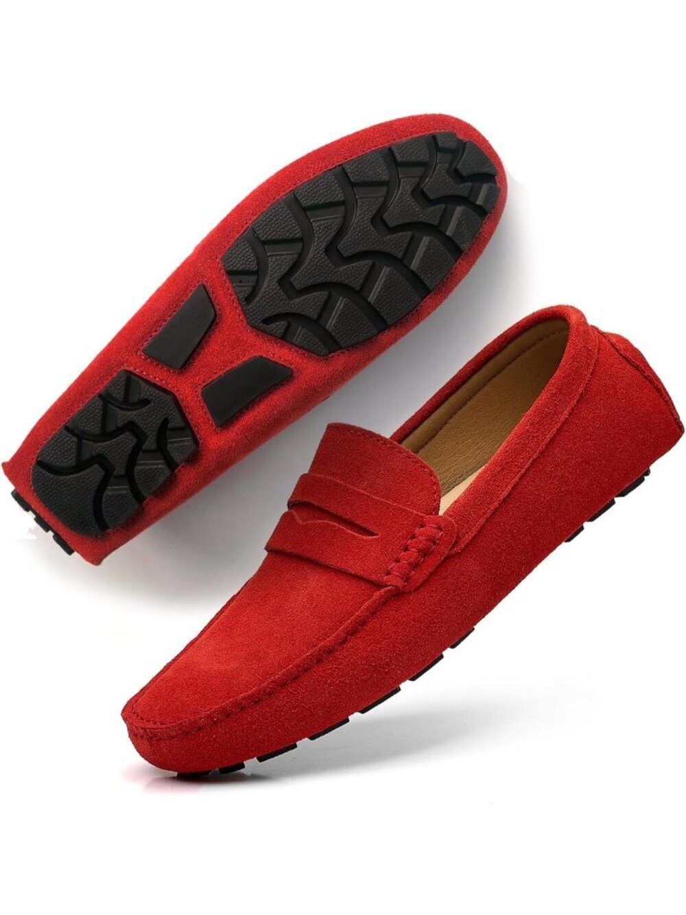 DCZTELG Men's Red Rubber Suede Penny Loafer Slip On Llightweight Casual Shoes